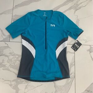 TYR Top Women XL COMPETITOR Blue Cycling Jersey Zip UPF 50+ Short Sleeve NWT